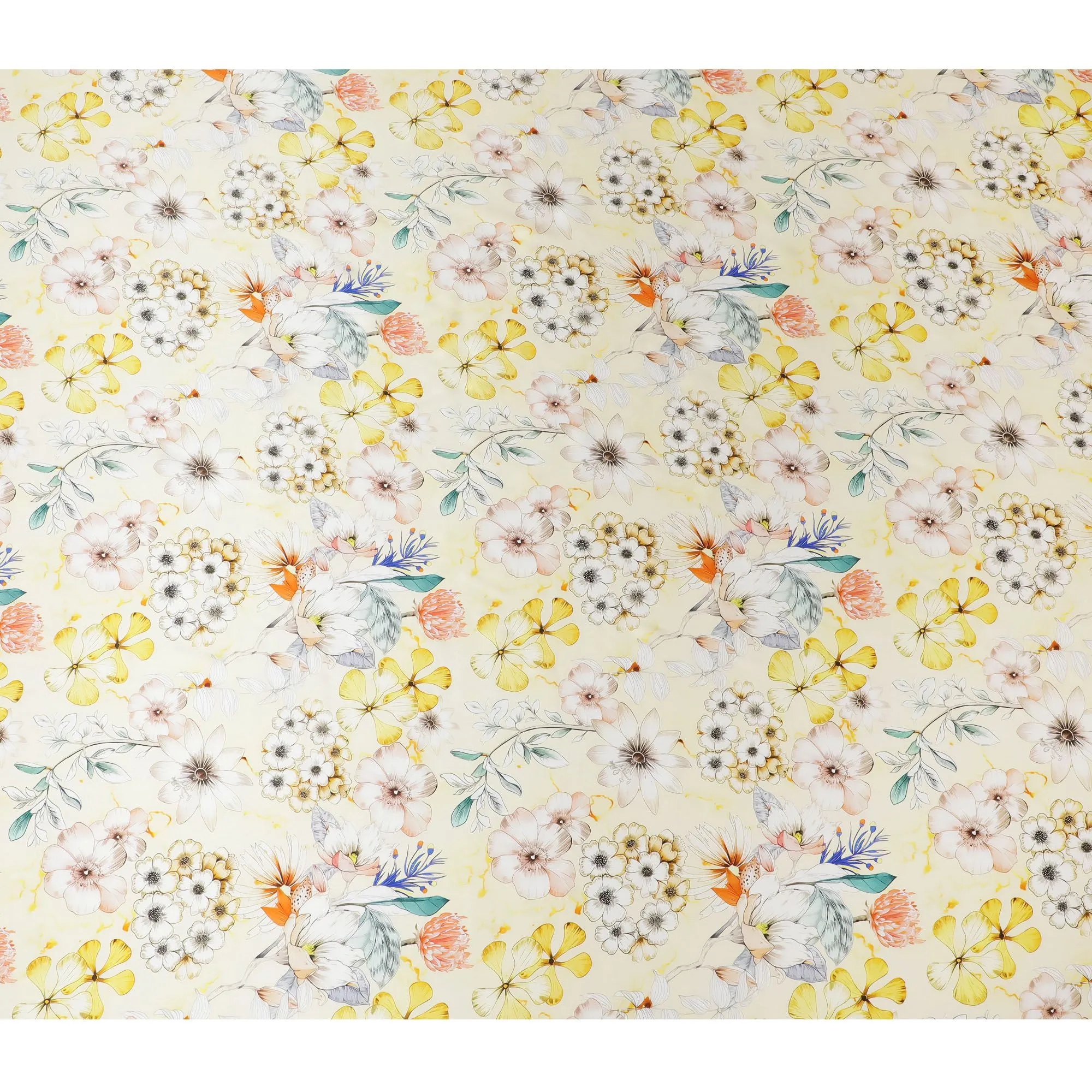 Sunshine Yellow Italian Pure Silk Satin Fabric with Vibrant Multi-Color Floral Print, 140cm Wide - Summery Elegance-D18709