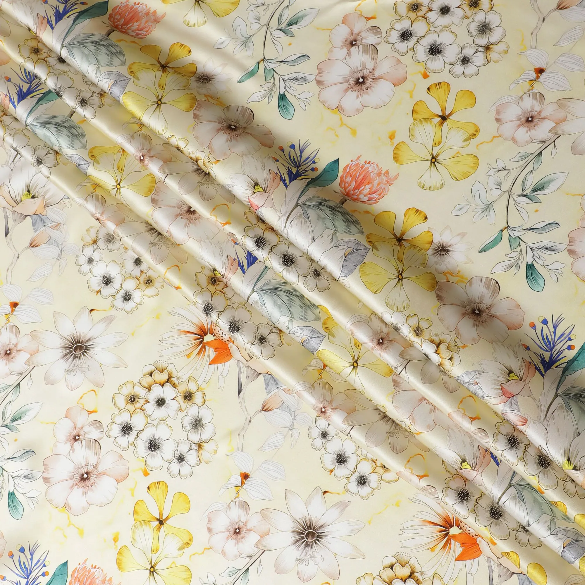 Sunshine Yellow Italian Pure Silk Satin Fabric with Vibrant Multi-Color Floral Print, 140cm Wide - Summery Elegance-D18709