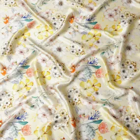 Sunshine Yellow Italian Pure Silk Satin Fabric with Vibrant Multi-Color Floral Print, 140cm Wide - Summery Elegance-D18709