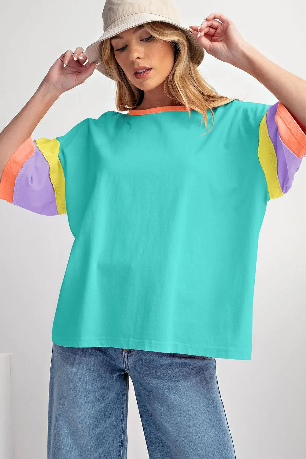 Turquoise Multicolor Stitching Oversize Top