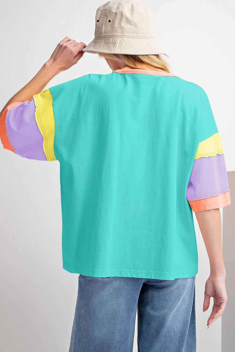 Turquoise Multicolor Stitching Oversize Top