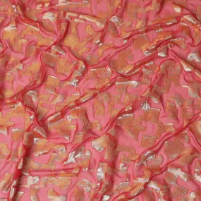 Vibrant Coral Pure Silk Chiffon with Golden Lurex, 110cm Width - Dazzling Textile from South Korea-D17915