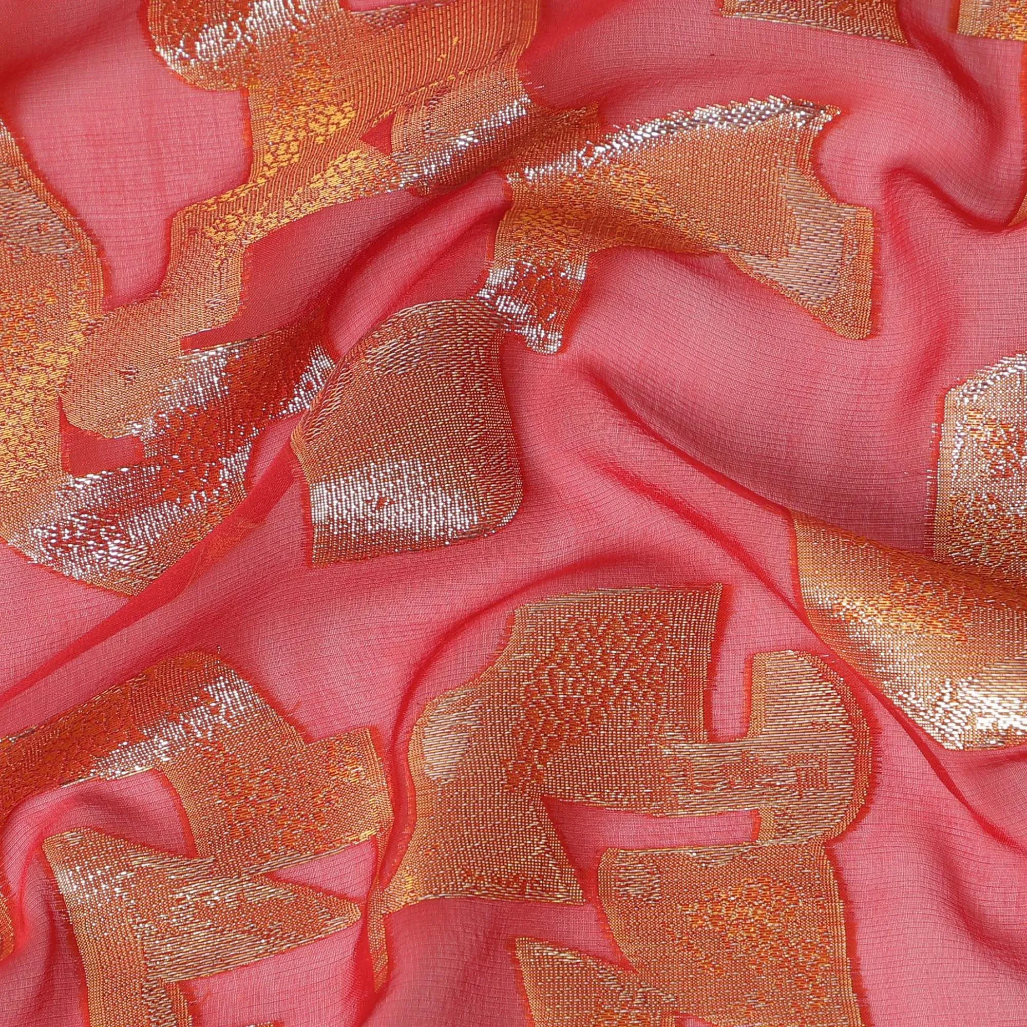 Vibrant Coral Pure Silk Chiffon with Golden Lurex, 110cm Width - Dazzling Textile from South Korea-D17915