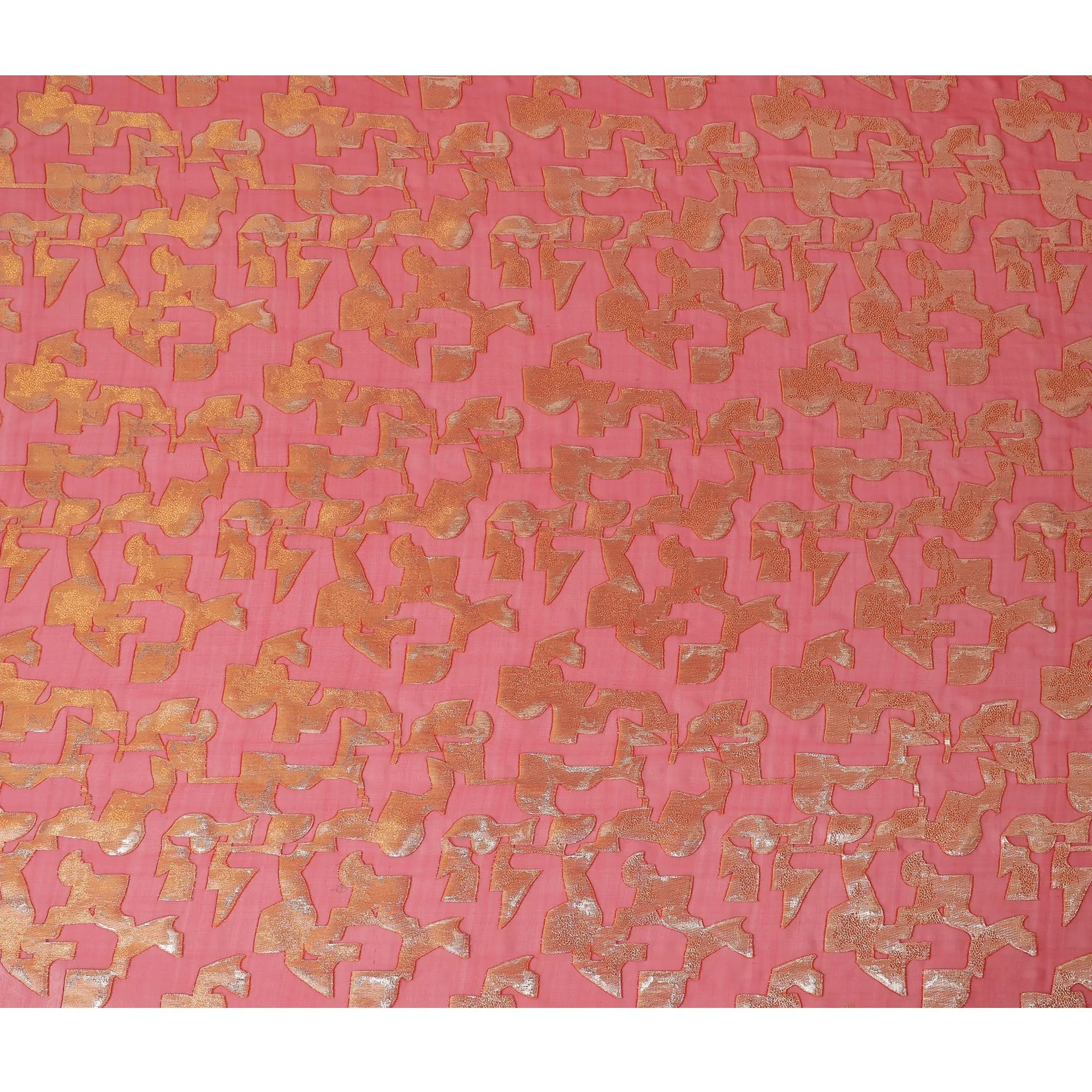 Vibrant Coral Pure Silk Chiffon with Golden Lurex, 110cm Width - Dazzling Textile from South Korea-D17915