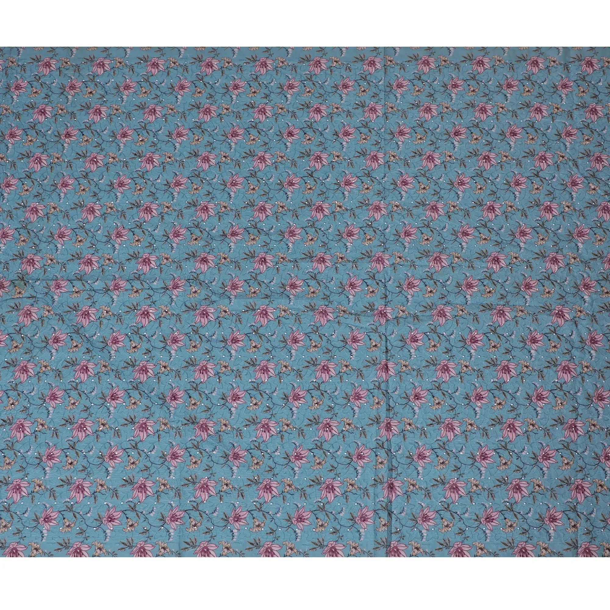 Vibrant Teal Floral blended Cotton Lawn Fabric with Embroidery - 110 cm Wide - D19588