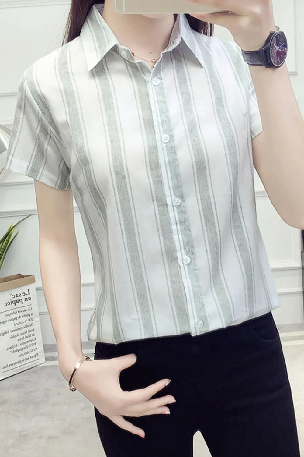 Women Breathable Short Sleeve Button Closure Stripe Pattern Shirt - WSB95426