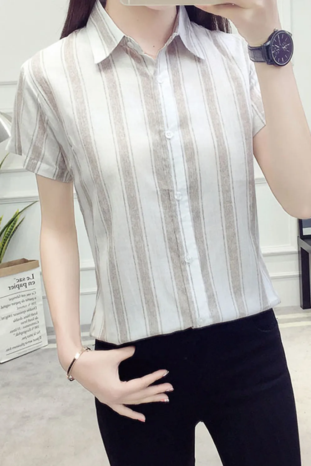 Women Breathable Short Sleeve Button Closure Stripe Pattern Shirt - WSB95426